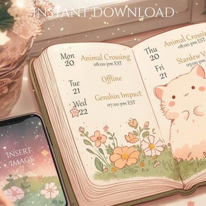 Puede incluir: Un cuaderno abierto con una ilustraci&oacute;n de gato y detalles florales, junto a un smartphone. El cuaderno muestra un horario semanal con horarios de juegos para Animal Crossing, Genshin Impact y Stardew Valley. La pantalla del tel&eacute;fono dice "INSERT IMAGE".