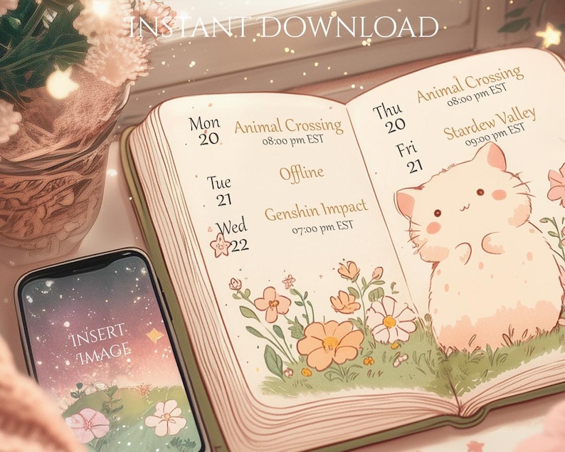 Puede incluir: Un cuaderno abierto con una ilustraci&oacute;n de gato y detalles florales, junto a un smartphone. El cuaderno muestra un horario semanal con horarios de juegos para Animal Crossing, Genshin Impact y Stardew Valley. La pantalla del tel&eacute;fono dice "INSERT IMAGE".