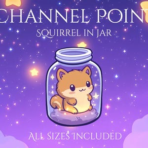 Könnte beinhalten: Eine Cartoon-Illustration eines Eichhörnchens in einem Glasgefäß mit einem sternenklaren Nachthimmel im Hintergrund. Der Text "CHANNEL POINT SQUIRREL IN JAR" befindet sich oben im Bild. Der Text "ALL SIZES INCLUDED" befindet sich unten im Bild.