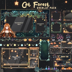Puede incluir: Un paquete de superposición digital Cat Forest con temas de bosque oscuro, calabazas, estrellas colgantes y gráficos de gatos. Incluye áreas transparentes para streaming, marcos decorativos, cuadros de chat y etiquetas de texto.