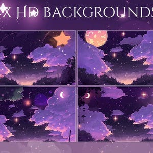 May include: Four 4K HD backgrounds featuring a dreamy night sky with stars, clouds, and celestial bodies. The backgrounds have a purple and violet color scheme with a crescent moon, stars, and a large star.