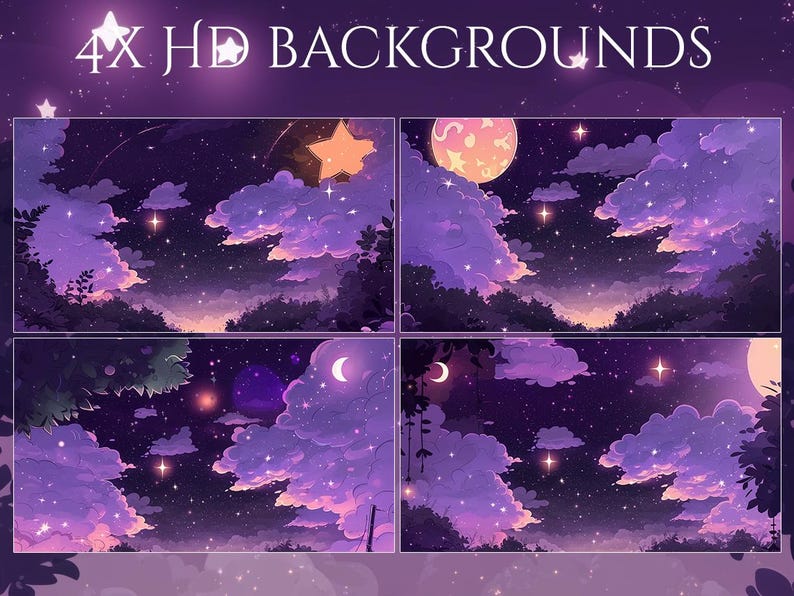 May include: Four 4K HD backgrounds featuring a dreamy night sky with stars, clouds, and celestial bodies. The backgrounds have a purple and violet color scheme with a crescent moon, stars, and a large star.