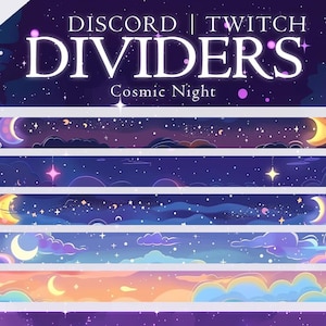 Puede incluir: Un conjunto de 15 separadores de Discord y Twitch con temática de noche cósmica. Los separadores presentan un fondo azul oscuro con estrellas, nubes y lunas crecientes. El texto "Discord | Twitch Dividers" y "Cosmic Night" se muestra en la parte superior de la imagen.