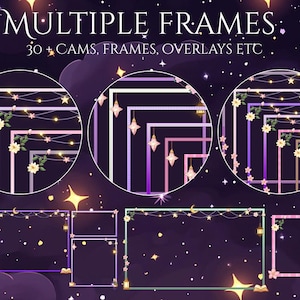 Könnte beinhalten: Digitales Kunstwerk mit mehreren Rahmen mit floralen und sternförmigen Akzenten in Lila, Rosa und Grün. Der Text "MULTIPLE FRAMES" und "30+ CAMS, FRAMES, OVERLAYS ETC" ist zu sehen. Die Rahmen sind für die Erstellung digitaler Inhalte konzipiert.