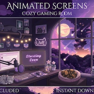 Cozy Purple Twitch Screens, Cat Gaming Room Overlay, Starry Night Aesthetic, Cute Cozy Setup, Starting Soon BRB Ending, Animated Screens