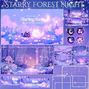 Puede incluir: Diseño de arte digital con un tema de noche de bosque estrellado. El diseño presenta una paleta de colores púrpura y azul con ilustraciones de un bosque, hongos y personajes de gatos lindos. El texto incluye "STARRY FOREST NIGHT" y "Starting Soon".
