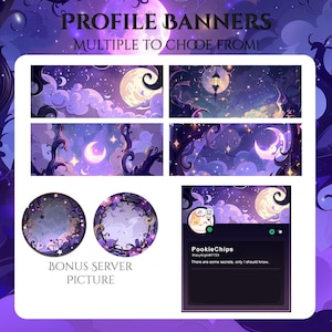 May include: A digital art graphic featuring profile banners with a celestial theme. The banners showcase various night sky scenes with moons, stars, and clouds. The image also includes bonus server pictures and a profile example with the text "PookieChips".