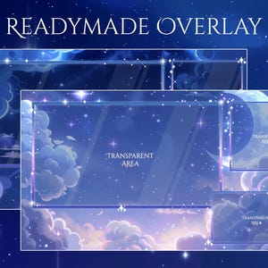 May include: Digital overlay design with a celestial theme. The design features a night sky with clouds, stars, and a crescent moon. The text "READYMADE OVERLAY" is at the top. Transparent areas are indicated for content placement.