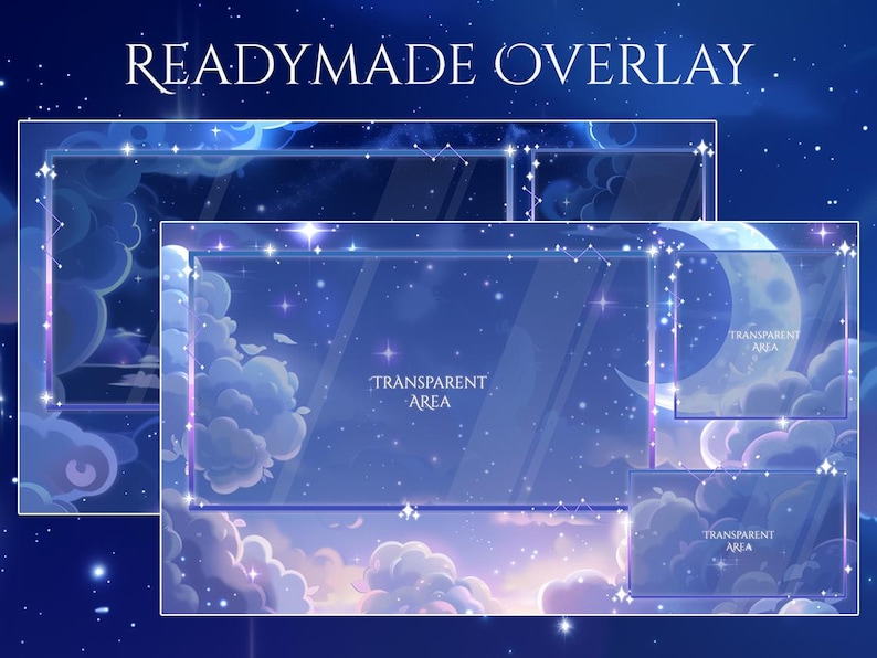 May include: Digital overlay design with a celestial theme. The design features a night sky with clouds, stars, and a crescent moon. The text "READYMADE OVERLAY" is at the top. Transparent areas are indicated for content placement.