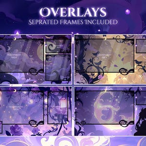 Op de afbeelding: Digitale overlays met een fantasiethema. De afbeelding toont vier verschillende ontwerpen met een paars en goud kleurenschema. Elke overlay heeft een transparant gebied voor streaming, met decoratieve frames en bloemelementen. De tekst "OVERLAYS" staat bovenaan.