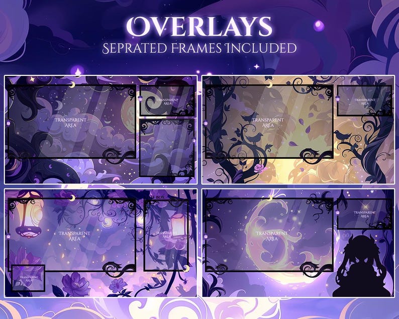 Op de afbeelding: Digitale overlays met een fantasiethema. De afbeelding toont vier verschillende ontwerpen met een paars en goud kleurenschema. Elke overlay heeft een transparant gebied voor streaming, met decoratieve frames en bloemelementen. De tekst "OVERLAYS" staat bovenaan.