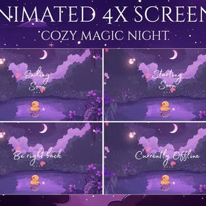 K&ouml;nnte beinhalten: Animierte 4x-Bildschirme zum Streamen, mit einer violetten und blauen Nachtszene mit einer Sichelmond, Sternen und einem Teich mit einer gelben Gummiente. Der Text auf den Bildschirmen lautet "Bald vorbei", "Bald los", "Bin gleich wieder da" und "Aktuell offline".