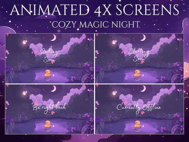 K&ouml;nnte beinhalten: Animierte 4x-Bildschirme zum Streamen, mit einer violetten und blauen Nachtszene mit einer Sichelmond, Sternen und einem Teich mit einer gelben Gummiente. Der Text auf den Bildschirmen lautet "Bald vorbei", "Bald los", "Bin gleich wieder da" und "Aktuell offline".