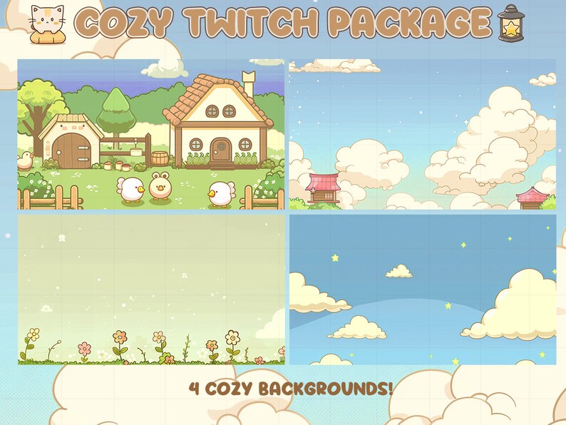 Op de afbeelding: Een digitaal kunstpakket met vier gezellige achtergronden. De linkerbovenhoek toont een cartoonboerderijsc&egrave;ne met een huis, schuur en eenden. De rechterbovenhoek toont een bewolkte lucht met kleine gebouwen.