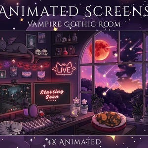 Écrans Twitch gothiques de vampire, superposition sombre et cosy pour salle de jeu, pack de stream de chat gothique, animation « Démarrage bientôt », fin hors ligne