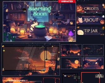 Black Overlay Twitch, Twitch screen | Animated Overlay Stream Package, Cat Twitch Cute Twitch Overlay Vtuber star overlay, autumn, black cat