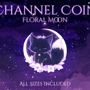 Puede incluir: Imagen de arte digital con un fondo de cielo estrellado p&uacute;rpura y azul. La imagen presenta una criatura negra parecida a un zorro sentada en una luna creciente, rodeada de flores blancas. El texto en la parte superior dice "CHANNEL COIN FLORAL MOON" y "ALL SIZES INCLUDED" en la parte inferior.