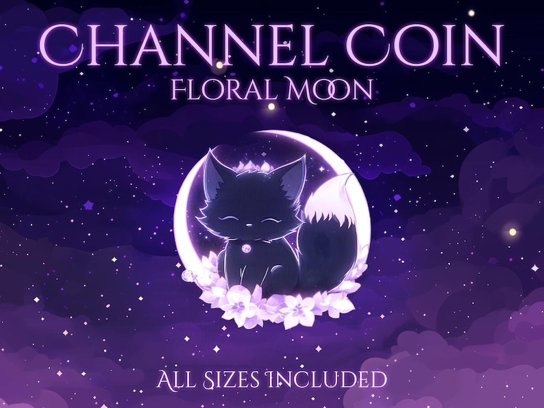 Puede incluir: Imagen de arte digital con un fondo de cielo estrellado p&uacute;rpura y azul. La imagen presenta una criatura negra parecida a un zorro sentada en una luna creciente, rodeada de flores blancas. El texto en la parte superior dice "CHANNEL COIN FLORAL MOON" y "ALL SIZES INCLUDED" en la parte inferior.