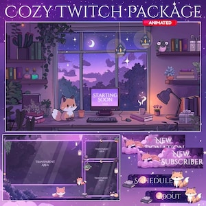 Fox Magic Night Twitch Overlay, Twitch screen | Animated Overlay Stream Package, Fox Twitch | Cute Twitch Overlay | Aesthetic | star overlay
