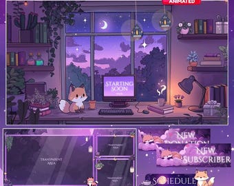 Fox Magic Night Twitch Overlay, Twitch screen | Animated Overlay Stream Package, Fox Twitch | Cute Twitch Overlay | Aesthetic | star overlay