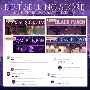 May include: An Etsy shop banner with the text "BEST SELLING STORE" and "OUR STORE WAS RATED TOP 10!". The image showcases four "Bestseller" product previews with customer reviews. The shop's theme appears to be digital art and streaming overlays.