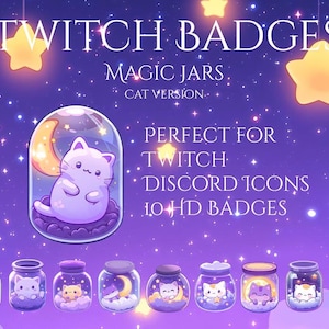 May include: Set of 10 digital Twitch badges featuring cute cats in jars with moons and stars. The badges are perfect for Discord icons.