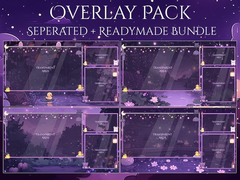 K&ouml;nnte beinhalten: Lila und blaues Twitch-Overlay-Paket mit einem Nachthimmel-Hintergrund, leuchtenden Lichtern und einem Fluss mit Seerosen. Der Text "OVERLAY PACK" und "SEPERATED + READYMADE BUNDLE" befindet sich oben im Bild.