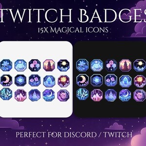 May include: An image showing 15 magical icons designed as Twitch badges. The badges are in a variety of colours, including blue, purple, and pink, with designs such as moons, flowers, and crystals. The text "TWITCH BADGES" is at the top.