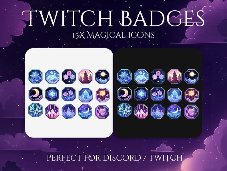 May include: An image showing 15 magical icons designed as Twitch badges. The badges are in a variety of colours, including blue, purple, and pink, with designs such as moons, flowers, and crystals. The text "TWITCH BADGES" is at the top.