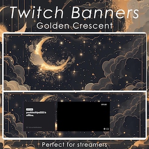 Halvmåne, natt, Twitch-banner | Magisk stjärnhimmel med moln och gnistrar | Mysig svart gotisk överlagring | Mystiska stream-vibbar