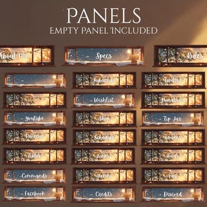 May include: A collection of decorative panels with a winter theme, featuring text such as "About Me," "Specs," and "Rules." Each panel has a window design with a snowy landscape and warm lighting, creating a cozy aesthetic. The text is in white.