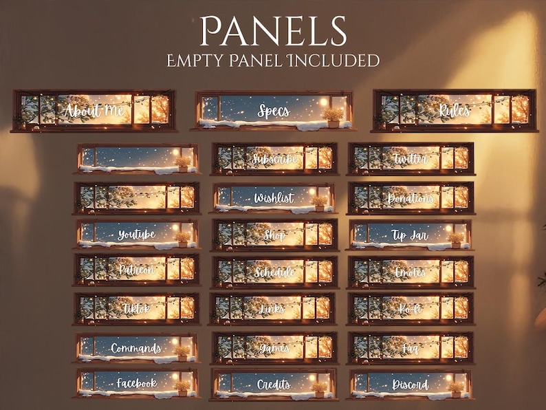 May include: A collection of decorative panels with a winter theme, featuring text such as "About Me," "Specs," and "Rules." Each panel has a window design with a snowy landscape and warm lighting, creating a cozy aesthetic. The text is in white.