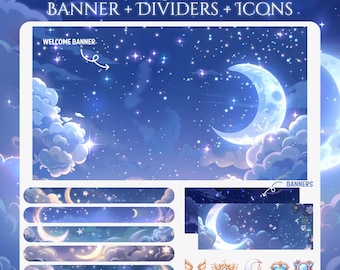 Celestial Night Discord Pack  | Dividers | Animated | Invite banner | Welcome banner | Starry Stars | Icons | Moon Crescent Profile Banners