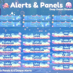 May include: Digital stream overlay with a deep ocean theme. The design features various panels and alerts with text such as "New Follower", "Merch", and "FAQ". The design includes cartoon jellyfish and bubbles.