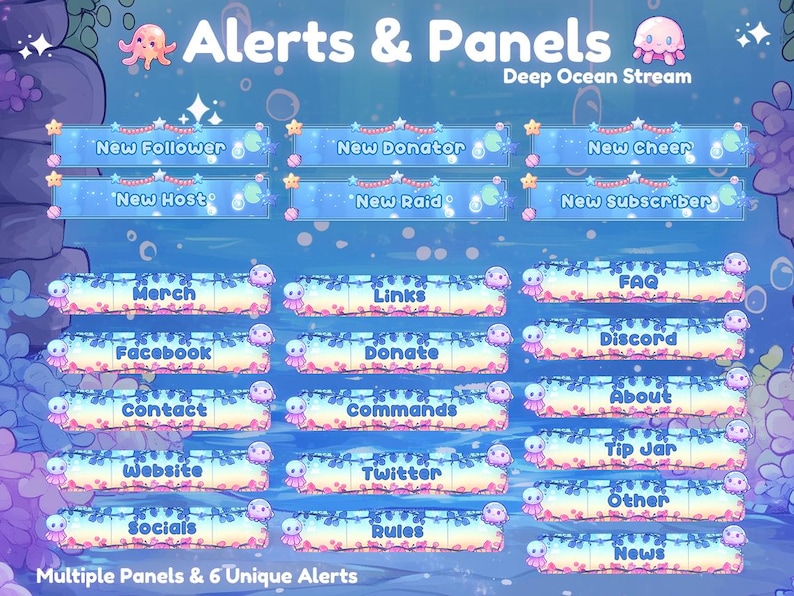 May include: Digital stream overlay with a deep ocean theme. The design features various panels and alerts with text such as "New Follower", "Merch", and "FAQ". The design includes cartoon jellyfish and bubbles.