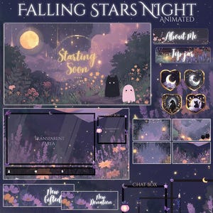 May include: Digital art featuring a night sky with a full moon, falling stars, and a forest scene. Includes animated overlays for streaming, with text that reads "Falling Stars Night" and "Starting Soon". Also includes a black cat and a pink ghost.