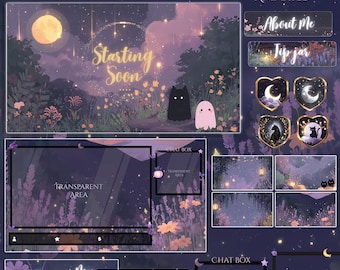 Starry Night Stream Package / Moon / Night / Dark / Cute / Overlay / Bats / Halloween / Twitch screen / Twitch Overlay, lavenders Animated