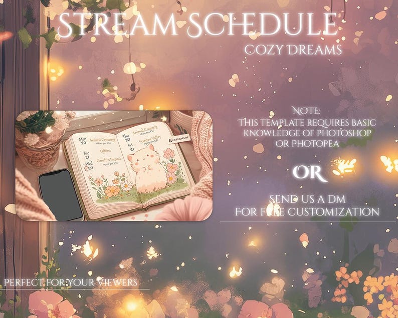 Puede incluir: Una plantilla digital de programaci&oacute;n de stream con el texto "STREAM SCHEDULE" y "COZY DREAMS". La plantilla incluye un cuaderno con una ilustraci&oacute;n de h&aacute;mster, un smartphone y detalles florales. El texto "PERFECT FOR YOUR VIEWERS" est&aacute; en la parte inferior.