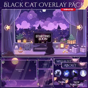 May include: A digital art overlay pack with a black cat theme. The image features a desktop computer with "Starting Soon" on the screen, a black cat silhouette, and a night scene with a cityscape. Includes animated elements and transparent areas.