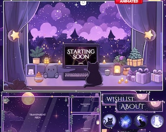 Black Cat Twitch Overlay, Moon Night Stream Package, Witchy Dark Overlay, Animated Screens, Cute Gothic VTuber, Cozy Stream Assets
