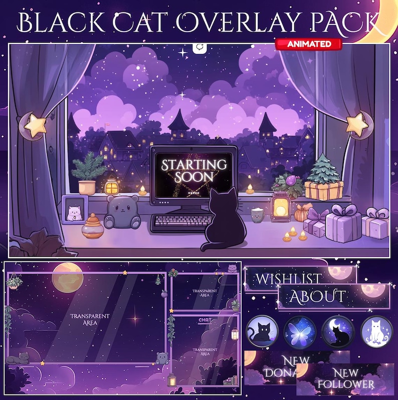 May include: A digital art overlay pack with a black cat theme. The image features a desktop computer with "Starting Soon" on the screen, a black cat silhouette, and a night scene with a cityscape. Includes animated elements and transparent areas.