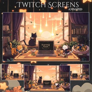 May include: Animated Twitch screens featuring a cozy room scene with anime-style cats. The screens display "Starting Soon" and "Currently Offline" messages on laptops. The background shows a sunset through a window, with books and candles.