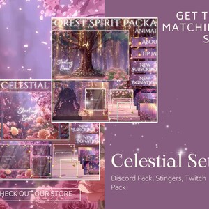 Op de afbeelding: Digitale kunstafbeelding met de ontwerpen "Forest Spirit Pack" en "Celestial Sets". De afbeelding bevat geanimeerde overlays voor streaming, met bloemen- en fantasiethema's. Tekst bevat "Starting Soon", "New Subscriber" en "New Donation".