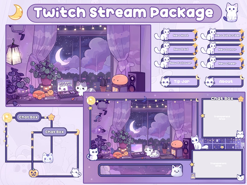 May include: Purple and white Twitch stream package with a night sky theme. The package includes chat boxes, a tip jar, and alerts for new hosts, subscribers, raids, donors, followers, and cheers. The design features cute cartoon cats and stars.