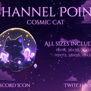 May include: Digital art featuring a black cat with purple accents, surrounded by crystals and a glowing orb, set against a starry purple background. Text includes "CHANNEL POINT" and "COSMIC CAT", plus size options.