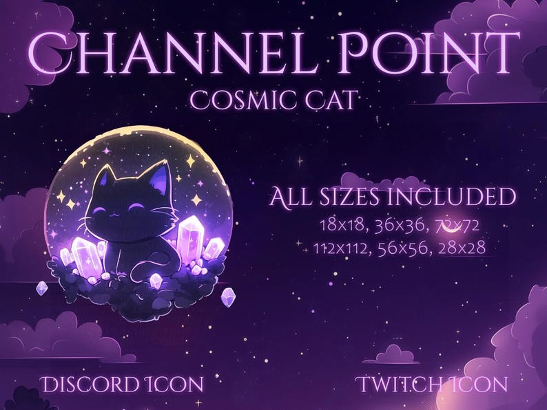 May include: Digital art featuring a black cat with purple accents, surrounded by crystals and a glowing orb, set against a starry purple background. Text includes "CHANNEL POINT" and "COSMIC CAT", plus size options.