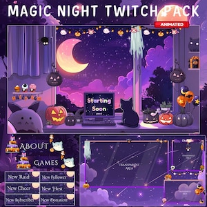 Twitch Overlay Magical Night | Animated Overlay Spooky Package, Cat Twitch | Cute Twitch Overlay | Vtuber Pack | Pumpkin | Starry
