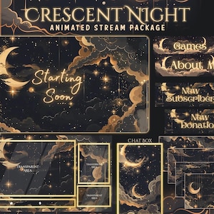 Crescent Moon Twitch Overlay, Twitch screen | Animated Overlay Stream Package Starry Sky | Cute | Cloud | Golden | Sparkle | Vtuber Pack