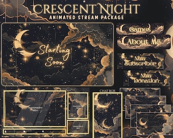 Crescent Moon Twitch Overlay, Twitch screen | Animated Overlay Stream Package Starry Sky | Cute | Cloud | Golden | Sparkle | Vtuber Pack