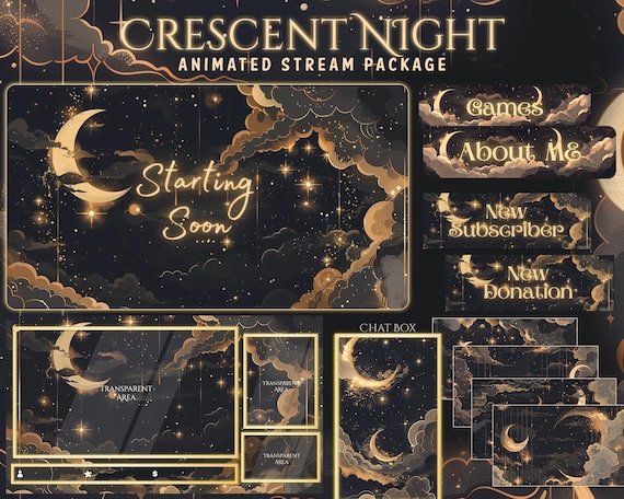 Crescent Moon Twitch Overlay, Twitch screen | Animated Overlay Stream Package Starry Sky | Cute | Cloud | Golden | Sparkle | Vtuber Pack